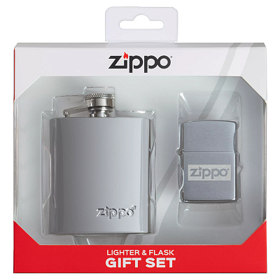 Подарочный набор ZIPPO: фляжка 89 мл и зажигалка, латунь/сталь , в коробке с подвесом (Серебристый)