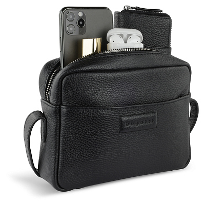 Сумка кросс-боди женская BUGATTI Elsa, чёрная, воловья кожа/полиэстер, 19х5,5х14 см