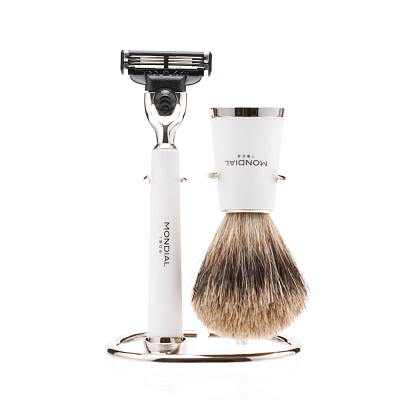 Бритвенный набор Mondial: станок, помазок, подставка; белая смола (Белый)