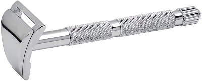 Станок контурный для бритья MERKUR 907C, глянцевое хромированное покрытие, прямой срез, короткая ручка, лезвие в комплекте (1 шт) (Серебристый)
