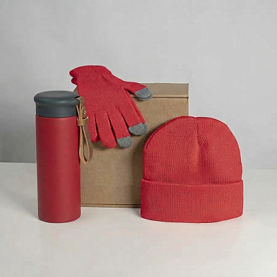 Набор подарочный GET WARM-2: перчатки, шапка, термос (Красный)