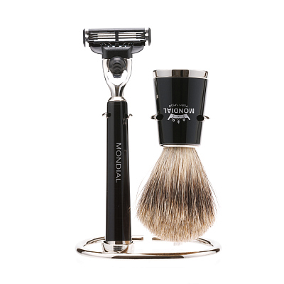 Бритвенный набор Mondial: станок, помазок, подставка; чёрная смола (Черный)