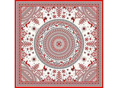 Платок Мезенская роспись (Красный, белый)