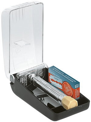 Станок Т-образный для бритья MERKUR 570, глянцевое хромированное покрытие, прямой срез, закрытый гребень, короткая ручка, лезвия в комплекте (10 шт) (Серебристый)