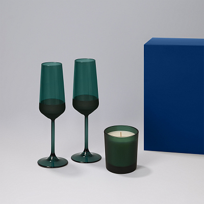 Подарочный набор свеча Enigma + 2 бокала для шампанского Emerald в синей коробке (Зеленый, синий)