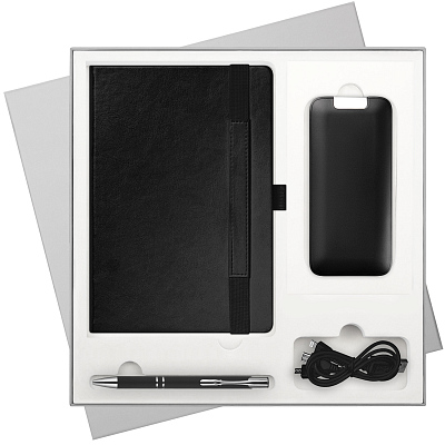 Подарочный набор Galaxy, черный (ежедневник, ручка, аккумулятор) (Черный, серый)