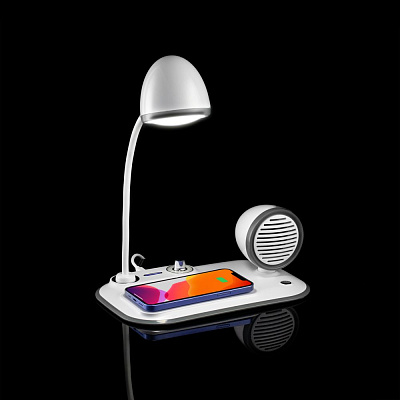 Лампа с колонкой и беспроводной зарядкой Flashback, белая (Белый)