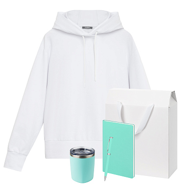 Набор с одеждой ALEX (худи, термокружка, ежедневник, ручка), мятный/аква, L (Бирюзовый, белый)