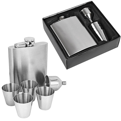 Набор: фляжка, 4 стопки и воронка (Серебристый)