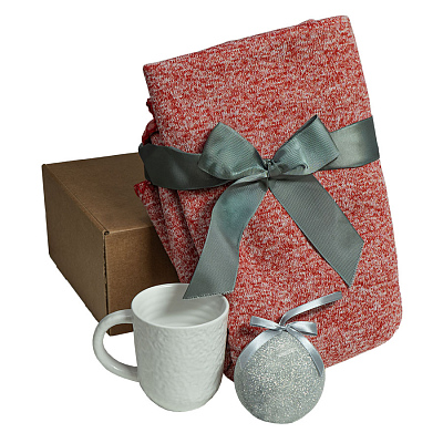 Подарочный набор HOLIDAY: плед, кружка, шар новогодний, коробка; красный (Ярко-красный)