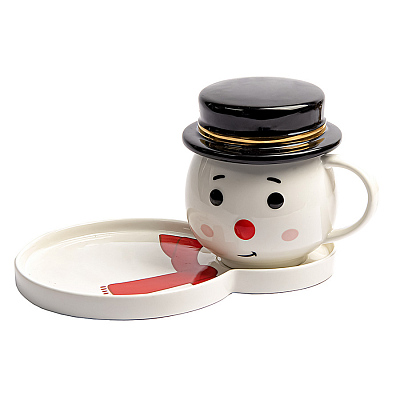 Чайная пара СНЕГОВИК с крышкой (Белый, черный)