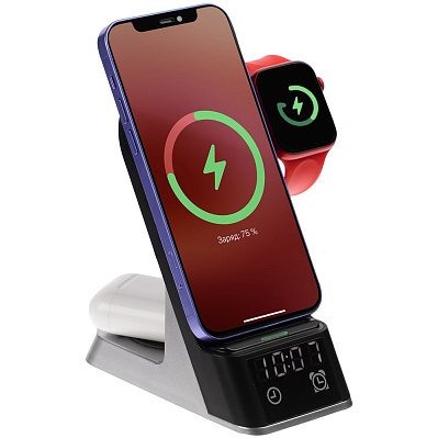 Зарядная станция c часами E-Store для смартфона, часов и наушников, черная (Черный)