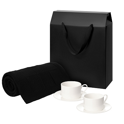 Подарочный набор Mokko, Сella, черный в коробке-пакете (две чайных пары, плед) (Черный, белый)