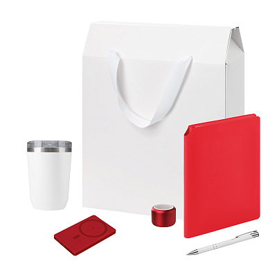 Подарочный набор Велком Пак Премиум (Welcome Pack Premium), красный (термокружка, колонка, ежедневник, ручка, ЗУ, коробка-пакет) (Красный, белый)