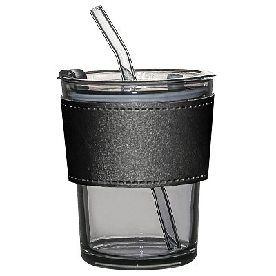 Стакан стеклянный с трубочкой и капхолдером Karamel, черный (Чёрный)