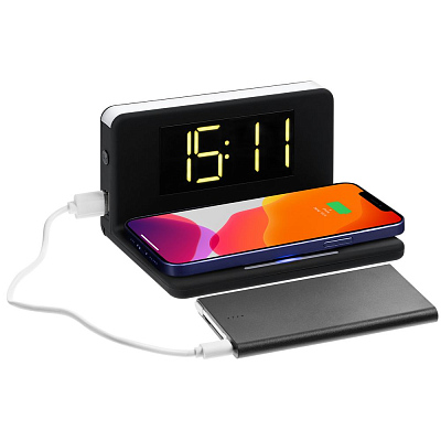 Часы настольные с беспроводным зарядным устройством Pitstop, черные (Чёрный)