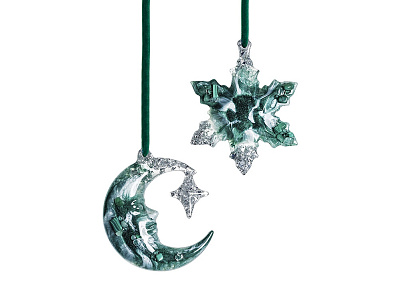 Набор елочных игрушек: Полумесяц, Снежинка (Авантюрин (зеленый))