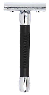 Cтанок Т-образный для бритья MERKUR 30C, глянцевое хромированное покрытие, анодированный алюминий в черном цвете, лезвие в комплекте (1 шт)