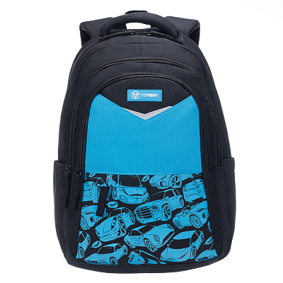 Рюкзак TORBER CLASS X, чёрный/синий с орнаментом, 43 х 32 х 13 см+ Мешок для сменной обуви в подарок (Черный)