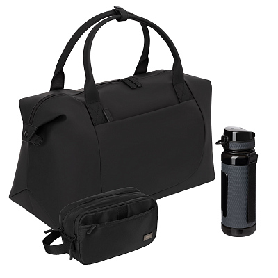 Подарочный набор Madrid Premium Sport, черный (бутылка, дорожная косметичка, дорожная сумка) (Чёрный)