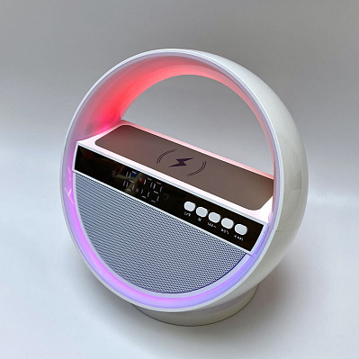 Bluetooth колонка "Smart Orb" 5Вт с беспроводным (15W) ЗУ, лампой, часами, FM радио  (Белый)