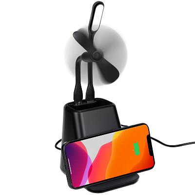 Настольный органайзер с зарядкой, лампой, вентилятором и подсветкой логотипа powerTower, черный (Чёрный)