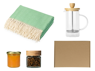 Подарочный набор с пледом, френчпрессом, чаем и вареньем (Зеленый) Подарочный набор с пледом, френчпрессом, чаем и вареньем (Зеленый)
