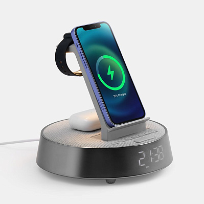 Bluetooth-колонка с беспроводной зарядкой и часами netEnergy, серая (Серый)