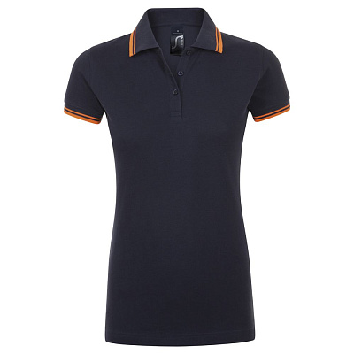 Рубашка поло женская Pasadena Women 200 с контрастной отделкой, темно-синяя (navy) с неоново-оранжевым (Тёмно-синий)