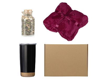 Подарочный набор с пледом, термокружкой и чаем (Бордовый)