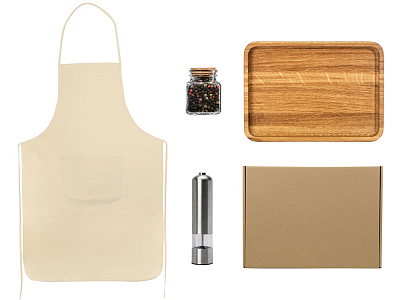 Подарочный набор для кухни с фартуком, подносом, мельницей и специями (Коричневый)
