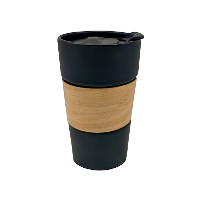 Кружка керамическая с деревянной манжетой Nexus, чёрная (Чёрный)