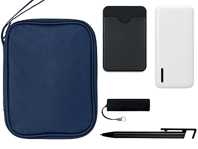 Тревел-набор с флешкой, повербанком и ручкой (Темно-синий, черный, белый)