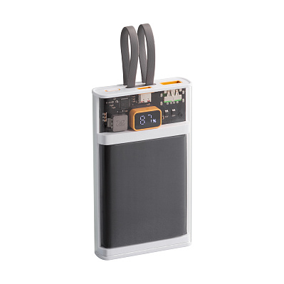 Зарядное (22.5W) устройство "Link" 10000 mAh с прозрачным корпусом, цифровым индикатором заряда и встроенными Type-C/Lightning кабелями  (Белый/черный)