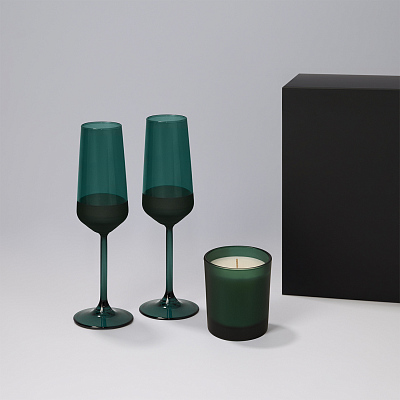 Подарочный набор свеча Enigma + 2 бокала для шампанского Emerald в черной коробке (Зеленый, черный)