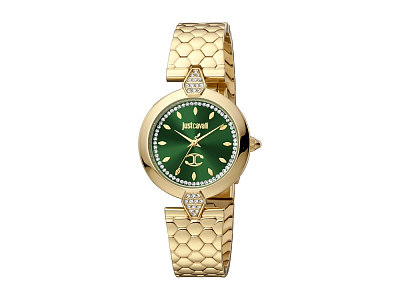 Наручные часы, женские (Корпус- желтое золото, планки инкрустированы кристаллами Swarovski, циферблат- зеленый, кристаллы Swarovski, крепление- желтое золото)