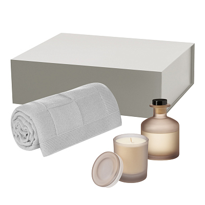 Подарочный набор Mizu, Cella Soft, бежевый (свеча, диффузор, плед) (Бежевый, серый)