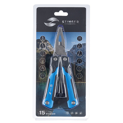 Мультитул Stinger,104x45 мм, 15 функций, сталь/пластик, сине-чёрный, в комплекте нейлоновый чехол