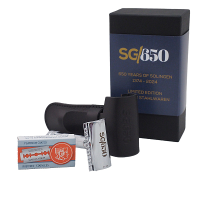 Cтанок Т-образный для бритья MERKUR 34C Limited Edition 650 Years of Solingen, в чехле из натуральной кожи, лезвия в комплекте (10 шт) (Серебристый)