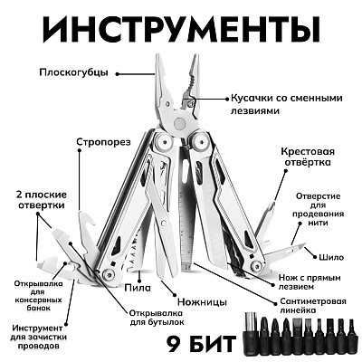 Мультитул Ganzo G303 24 в 1 серебро с полноразмерными ножницами