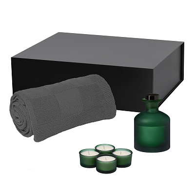 Подарочный набор Sento, Cella, зеленый (свеча, диффузор, плед) (Зеленый, серый, черный)
