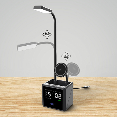 Лампа "Smart Flex" с беспроводным 3в1 (15W) ЗУ с MagSafe, часами, карандашницей и подсветкой логотипа, черный (Чёрный) Лампа "Smart Flex" с беспроводным 3в1 (15W) ЗУ с MagSafe, часами, карандашницей и подсветкой логотипа, черный (Чёрный)