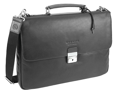 Портфель BUGATTI Romano 15'', чёрный, натуральная воловья кожа, 39х8х30 см (Черный)