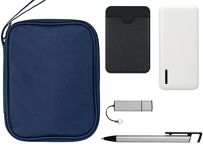 Тревел-набор с флешкой, повербанком и ручкой (Темно-синий, серебристый, белый)