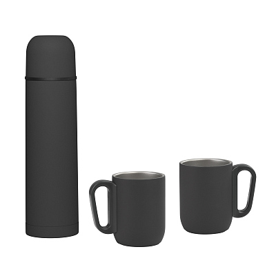 Набор "Гейзер" (термос, 2 кружки), покрытие soft touch, черный (Чёрный)