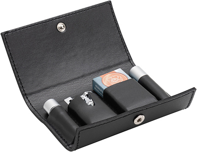 Станок Т-образный для бритья MERKUR 46C, матовое хромированное покрытие, разборный, в чехле из натуральной воловьей кожи, лезвия в комплекте (10 шт) (Серебристый)