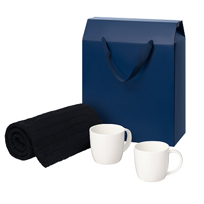 Подарочный набор Dafna, Fado, темно-сиий в коробке-пакете (две фарфоровых кружки, плед) (Синий, белый)