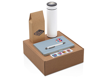 Набор Warmpage с термосом, блокнотом, ручкой и чаем (Голубой, серый)