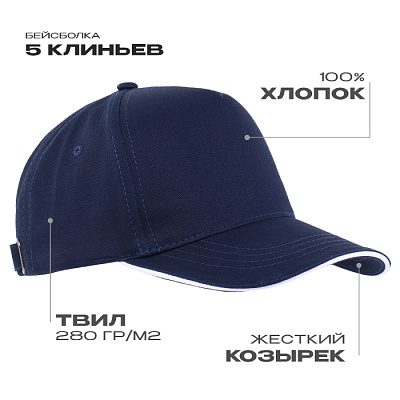 Бейсболка с кантом STAN 5 клиньев хлопок 280, 14 (Тёмно-синий)