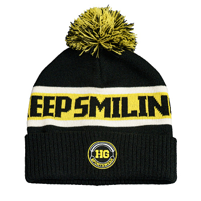 Образец вязанная шапка с помпоном и отворотом, двойная, 100% аркил (Черный, желтый)